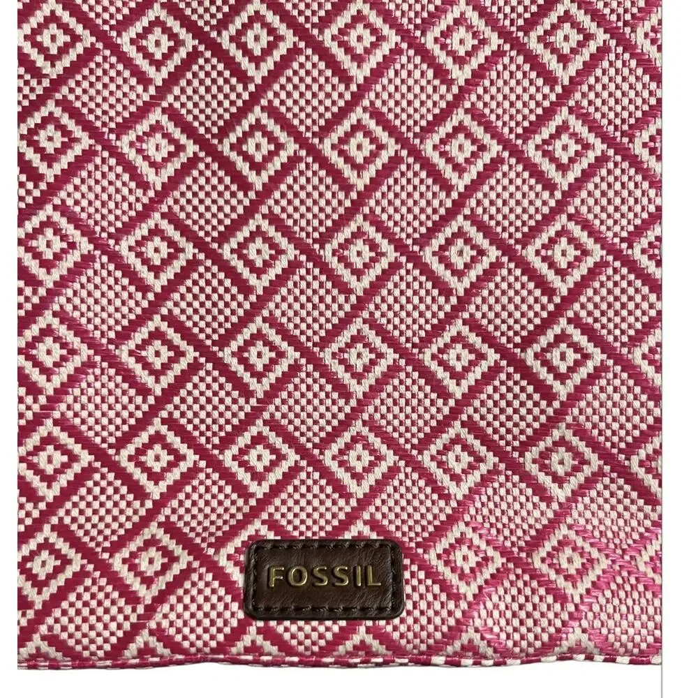 Fossil Purse Pink White Straw Leather Trim Crossbody Bag - Picture 3 of 10